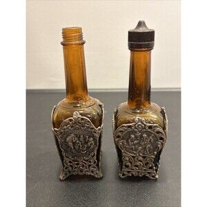 Pair Maggi Antique Sauce Amber Glass Silver plated Holder German Early Bottle